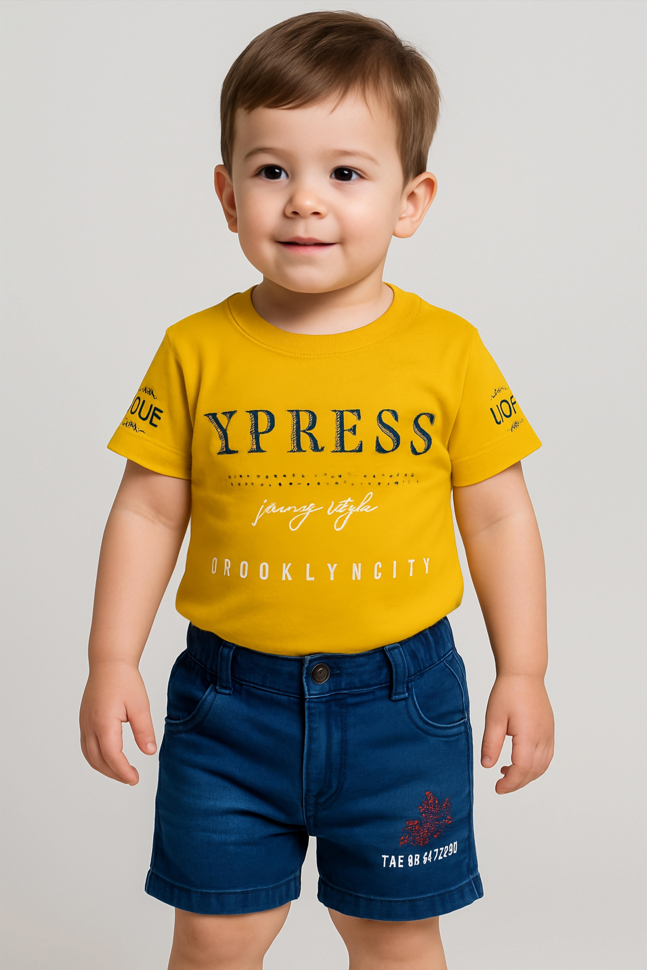 Boy's Casual Set - Half Sleeve T-Shirt + Denim Shorts (Red, Yellow, Navy blue)